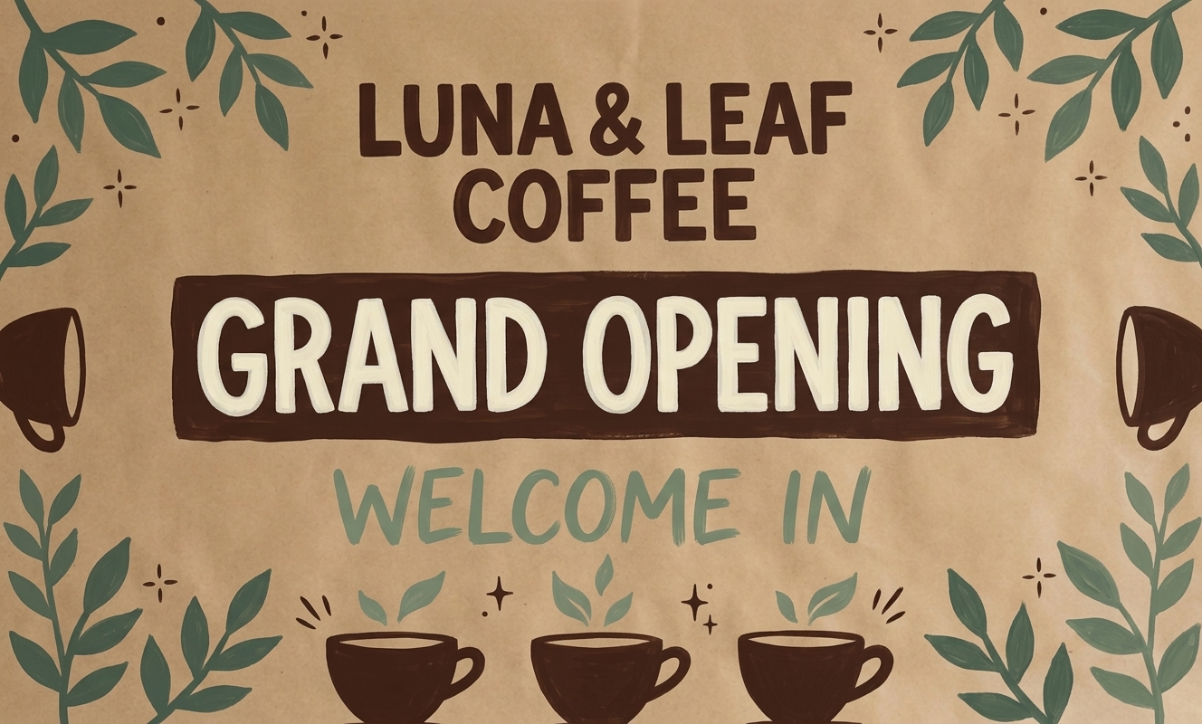 Luna and Leaf Coffee grand opening banner with leafy corners and coffee cups