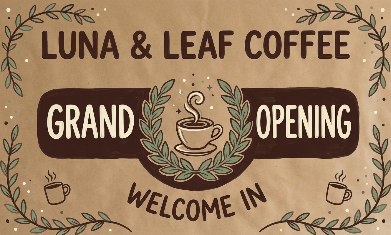 Luna and Leaf Coffee grand opening banner with a coffee cup crest and leaf border