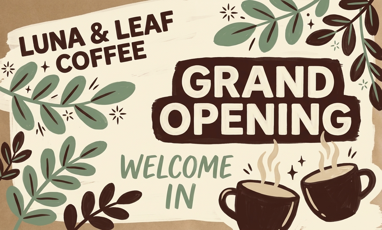 Luna and Leaf Coffee grand opening banner with large leaves and coffee cups