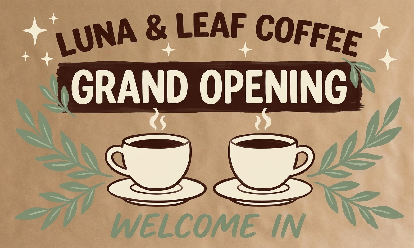 Luna and Leaf Coffee grand opening banner with two coffee cups and sage leaves