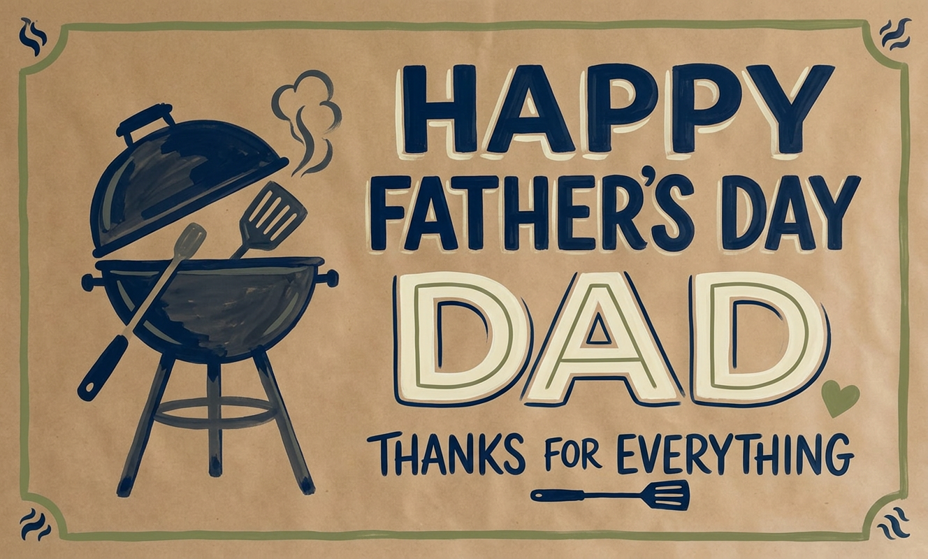 Father's Day BBQ poster with grill and blue lettering