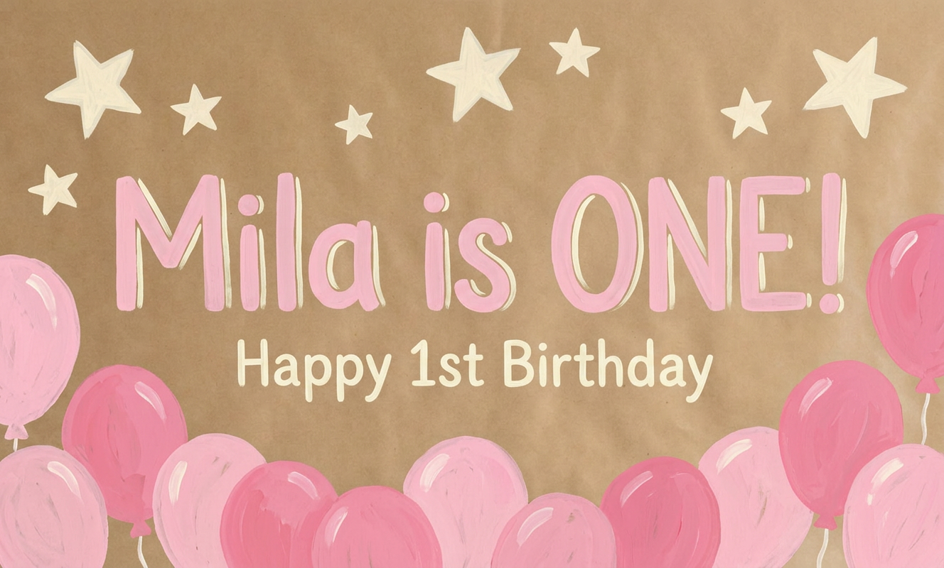 First birthday banner with pink balloons and stars