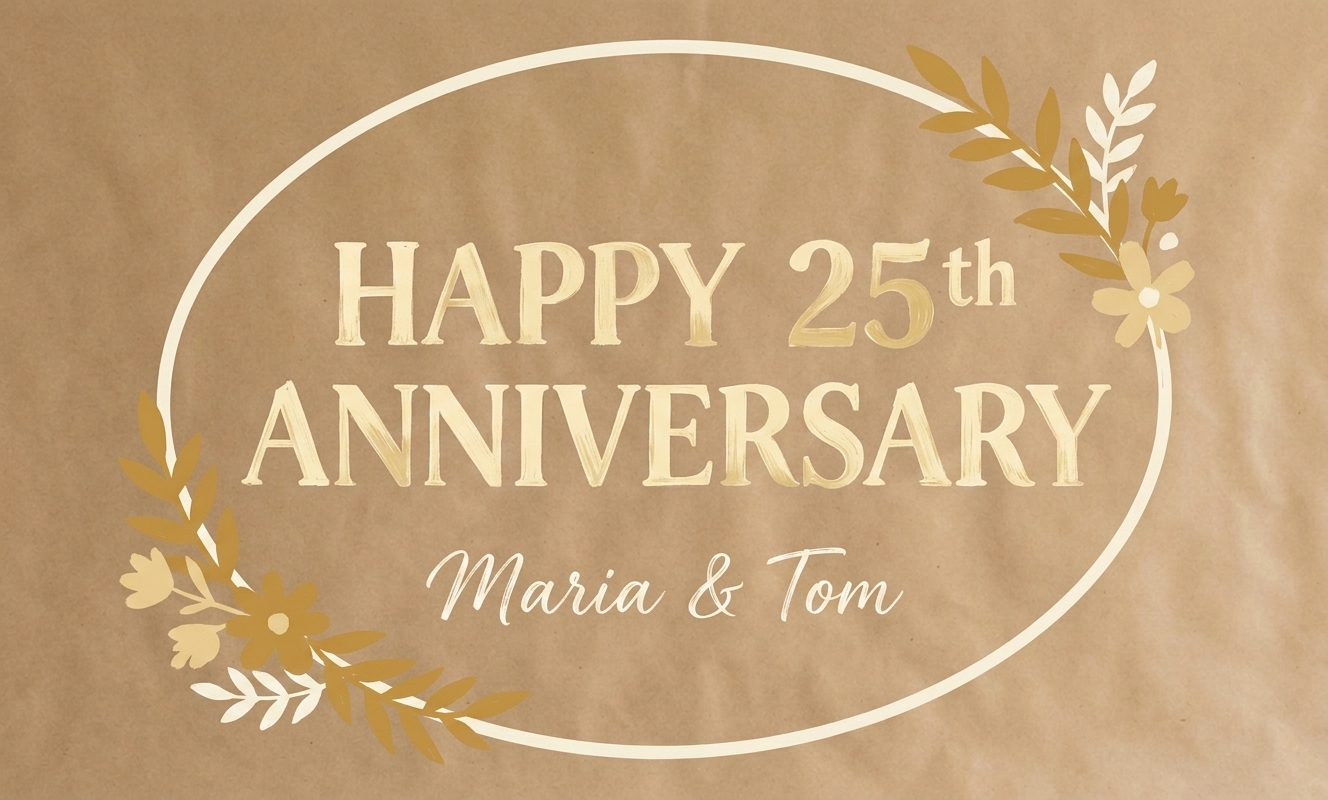 Floral 25th anniversary banner with gold leaves and an oval border
