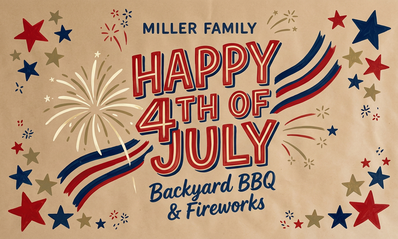 Fourth of July backyard BBQ poster with stars, fireworks, and red and blue lettering