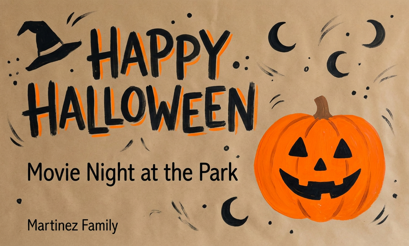Halloween movie night poster with jack-o-lantern and crescent moons