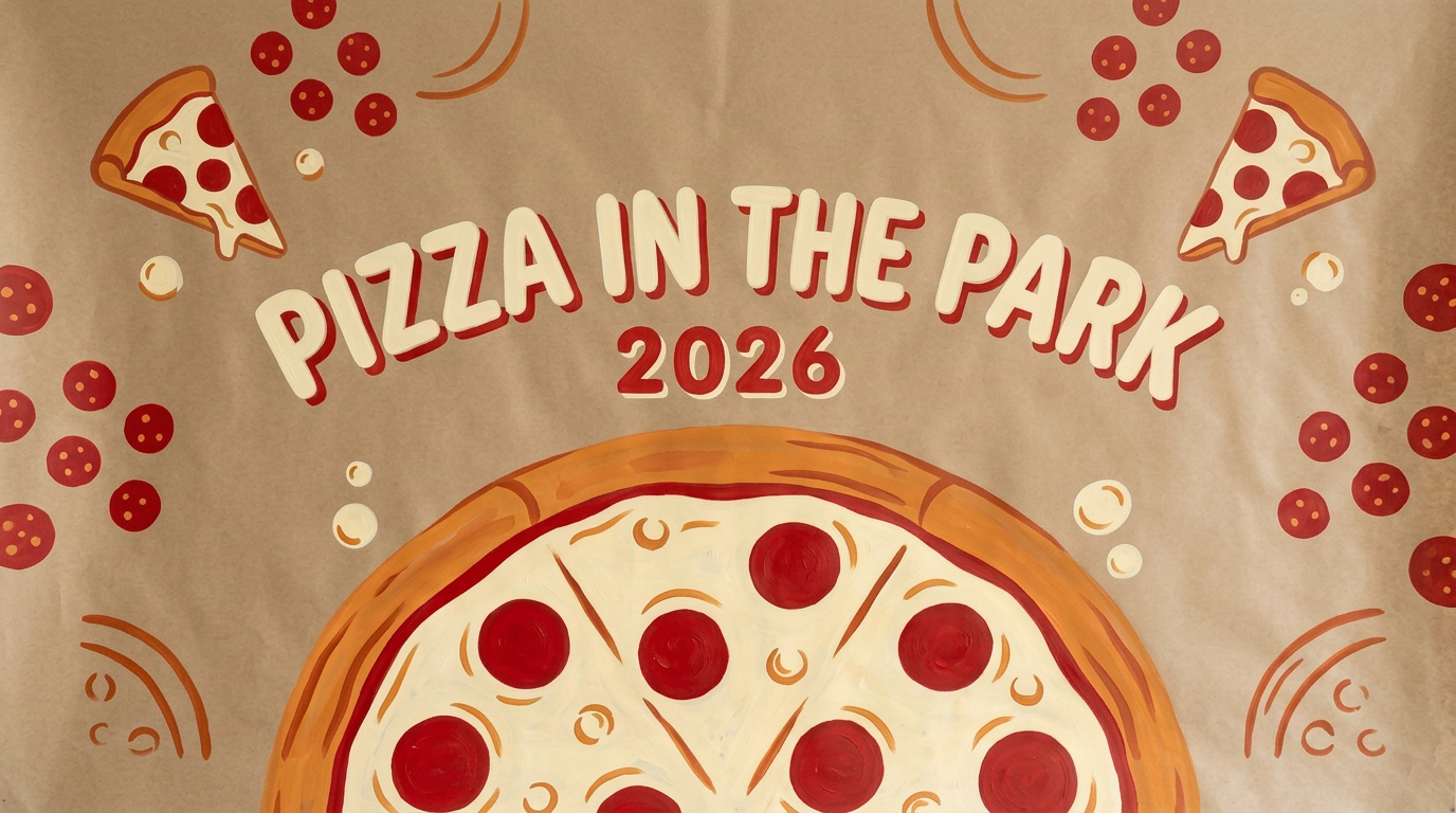 Pizza in the park poster with illustrated pizza and pepperoni