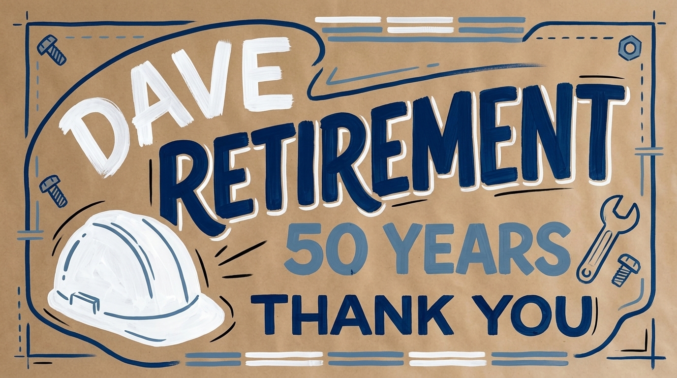 Retirement banner with hard hat and bold lettering