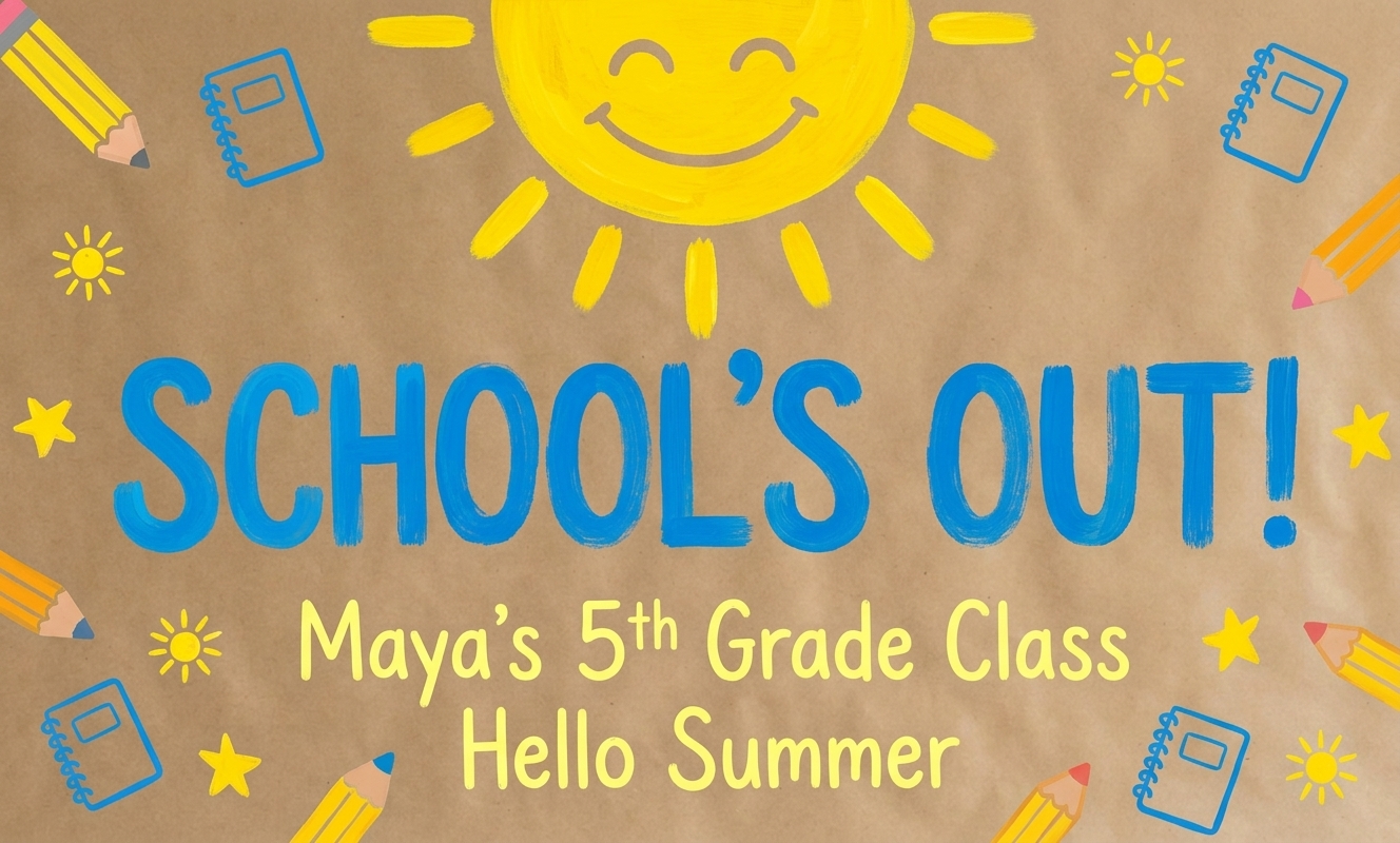 School's out classroom poster with sunshine and school supplies