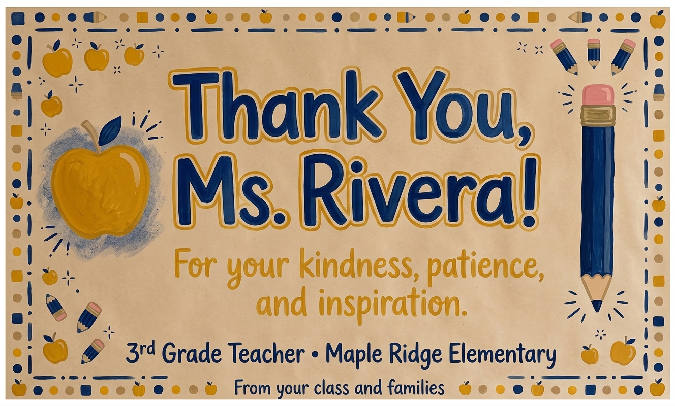 Teacher thank you poster with painted apples, pencils, and school border