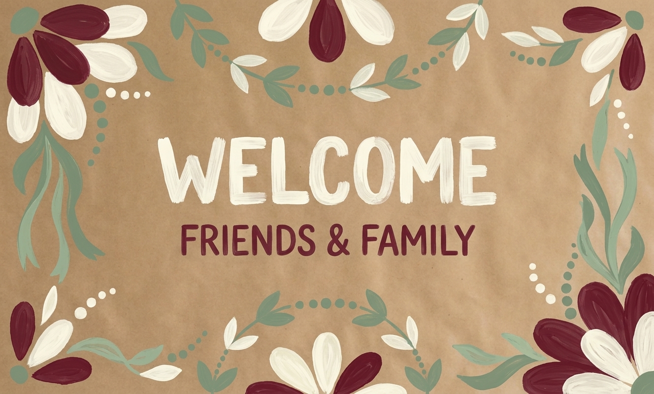 Welcome friends and family banner with painted florals on kraft paper